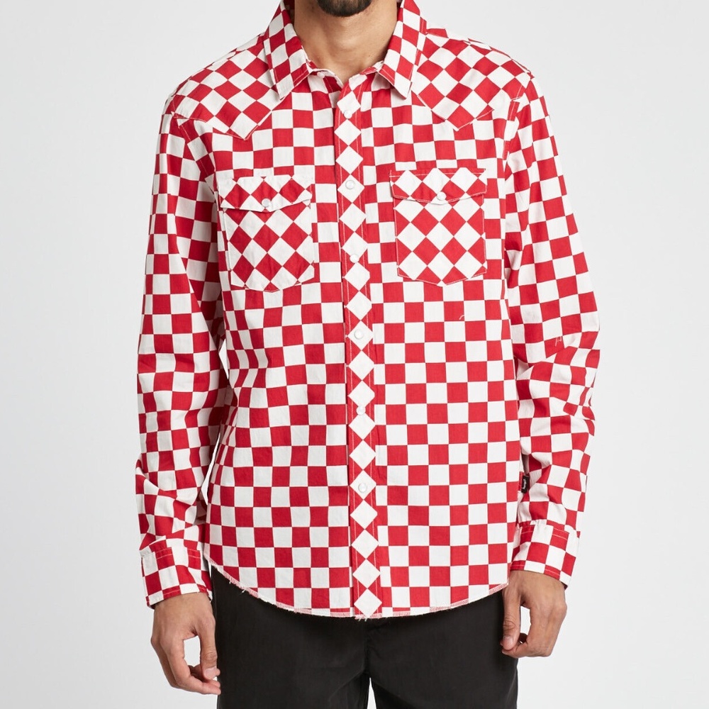 NEW STUSSY Checker Western Long Sleeve Button Down Shirt Red White